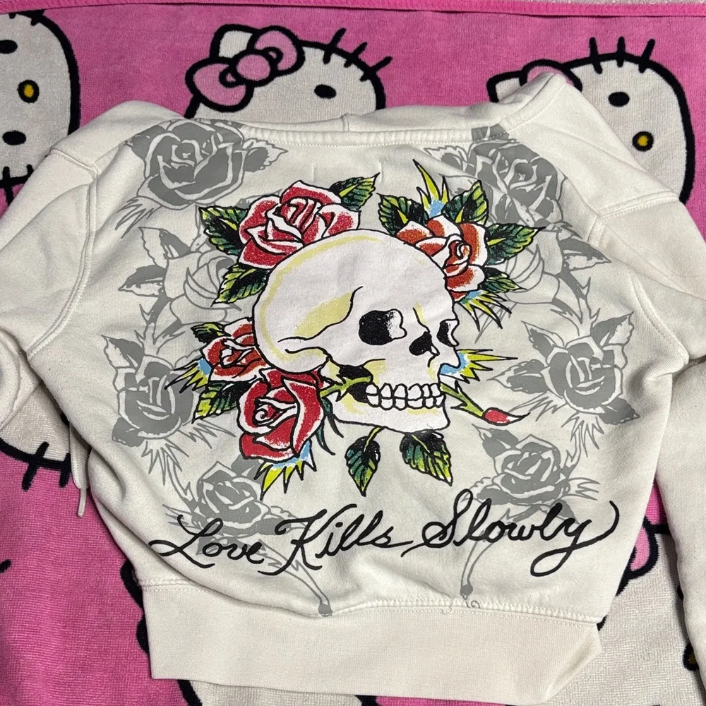 Cropped Ed Hardy White Jacket with Red Heart and Skull Back - Picture 3 of 3